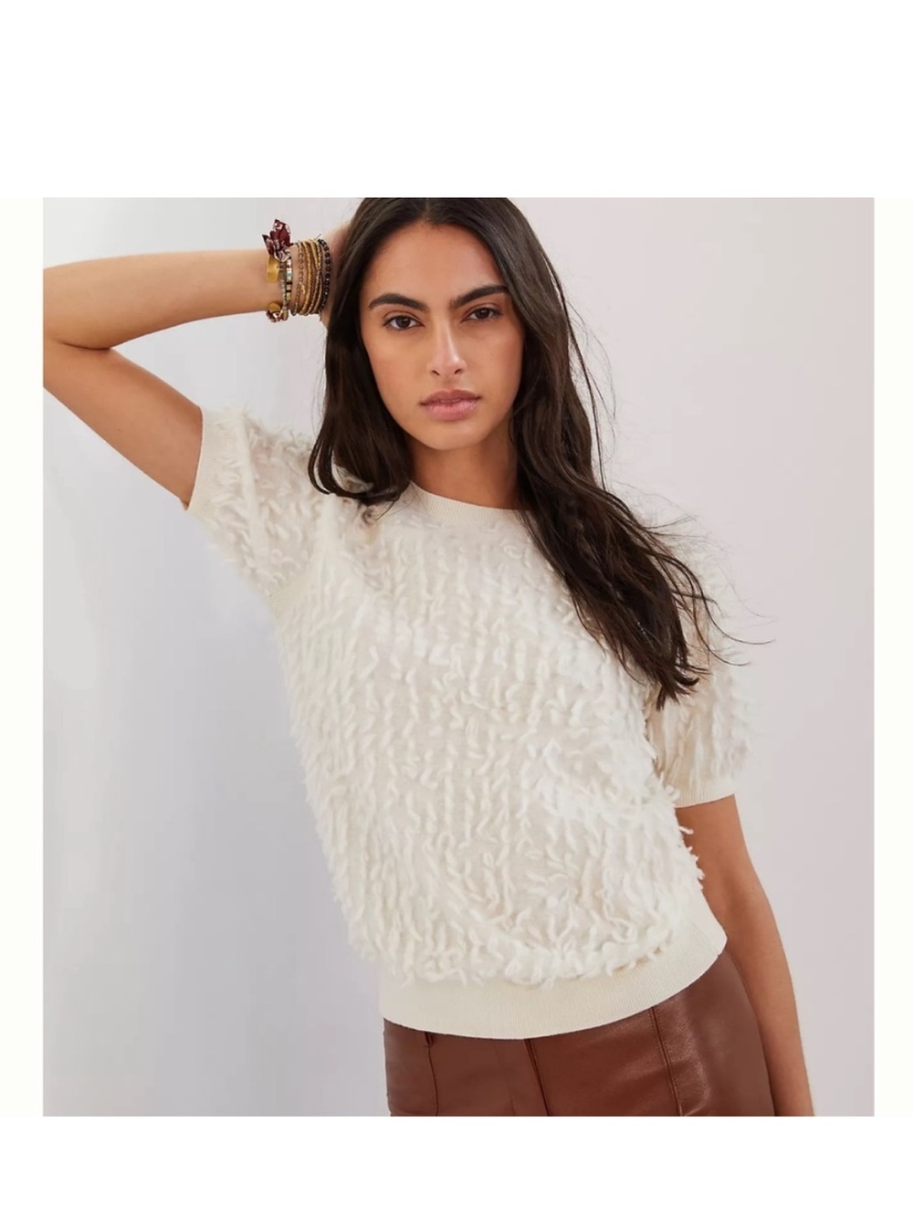 Anthropologie Maeve Scottie  Ivory Short-Sleeve Textured Pullover XS